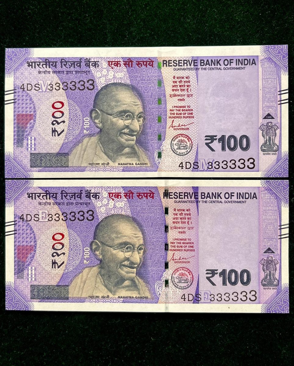 Rs 100 India Banknote TWIN SET Gem Unc Very Unique Solid Number 4DS 333333