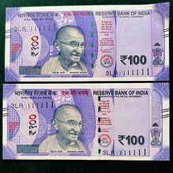 Rs 100 India Banknote TWIN SET Gem Unc Very Unique Solid Number 3LR 111111