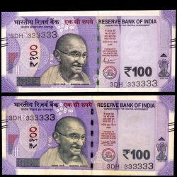 Rs 100 India Banknote TWIN SET Gem Unc Very Unique Solid Number 3DH 333333