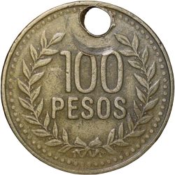 Alternative view of Brass 100 Pesos of Colombia Country (AD 2XX8) Used as Locket
