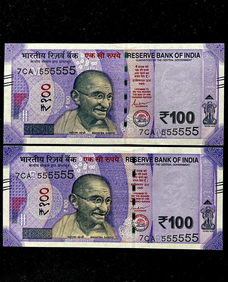 Rs 100 India Banknote TWIN SET Gem Unc Very Unique Solid Number 7CA 555555