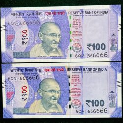 Rs 100 India Banknote TWIN SET Gem Unc Very Unique Solid Number 6QV 666666