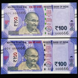 Rs 100 India Banknote TWIN SET Gem Unc Very Unique Solid Number 6GV 666666