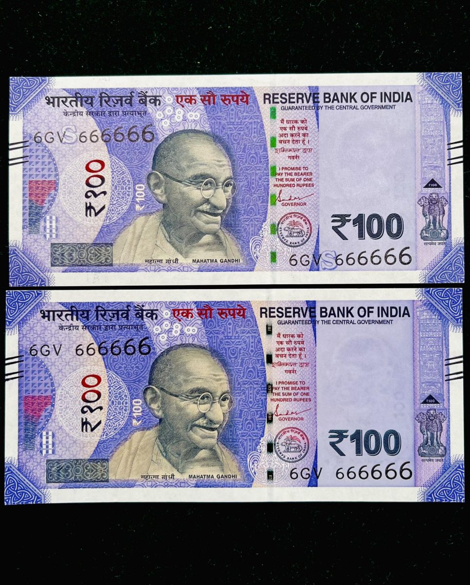 Rs 100 India Banknote TWIN SET Gem Unc Very Unique Solid Number 6GV 666666