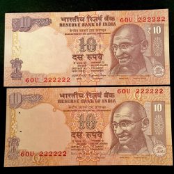 Rs 10 India Banknote Twin Set Gem UNC Very Unique Set Solid Number 60U 222222