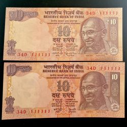Rs 10 India Banknote Twin Set Gem UNC Very Unique Set Solid Number 34D 111111