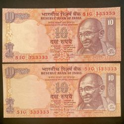 Rs 10 India Banknote Twin Set Gem Unc Very Unique Set Solid Number 51G 333333