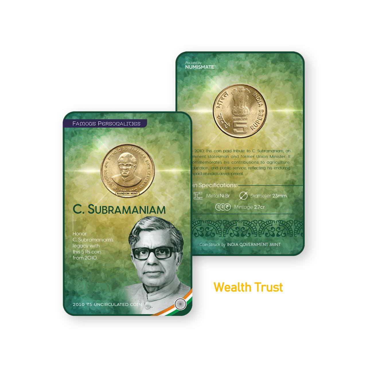 Rs 5 India Gov Issue of C. SUBRAMANIAM 2010 Circulating Strike Blister Pack