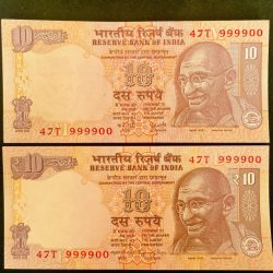 Rs 10 INDIA Banknote SEMI FANCY TWIN SET 47T 999900