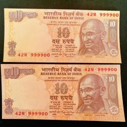 Rs 10 INDIA Banknote SEMI FANCY TWIN SET 42M 999900