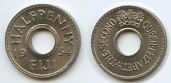 FIJI, ½ PENNY, 1954, KM# 20, Holed coin, XFine/AUNC Condition.