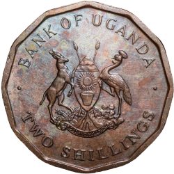Bronze 2 Shillings of Uganda Country (AD 1987) with Coat of Arms/Floral Design UNC Grade