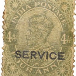 Postal Stamp of George V 4 Annas Olive-Green Colour with Service Over Printed - Used Condition as per Image.