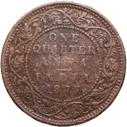 Alternative view of Copper 1/4 Anna of Victoria Empress (AD 1877) of Calcutta Mint Bust Type B/II - Rare