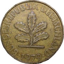 Brass 10 Pfenning of Germany (AD 1979) with Oak Sapling