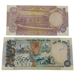 Alternative view of 50 Rupees Old PARLIAMENT Without Flag & 100 Rupees Old AGRICULTURE Cobalt Blue Same Signatures K.R PURI Set 2 Notes **RARE** Collectable Grades.