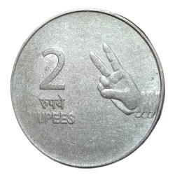Alternative view of 2 Rupees Fss MUDRA Series Year 2008 NOIDA Mint “MULE” Struck on 10 Rupees Die **RARE** Collectable Grade.