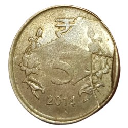 Alternative view of 5 Rupees Ni/Brs Year 2014 DIE CUD EXTRA METAL, RETAINED BROKEN DIE & CLOCK ROTATION Multiple Errors **RARE** High Collectable Grade.
