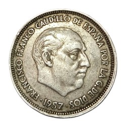Alternative view of SPAIN Cu/Ni 25 PESETAS Year 1957 Francisco Franco in Collectable Grade.