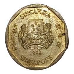 Alternative view of SINGAPORE Aluminium Bronze ONE DOLLAR Year 1988 Coat of Arms, Flora Fonna **SCARE** High AUNC Grade.