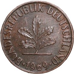 Bronze 2 Pfenning of Germany (AD 1969) with Oak Sapling