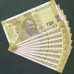 Rs 20/- India Banknote Semi Solid Set 00 Same Prefix 001002 To 009010 Gem Unc Unique and Rare