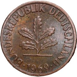 Bronze 1 Pfenning of Germany (AD 1969) with Oak Sapling
