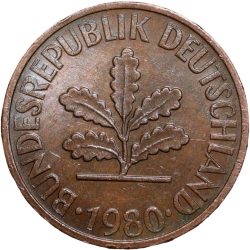 Bronze 2 Pfenning of Germany (AD 1980) with Oak Sapling