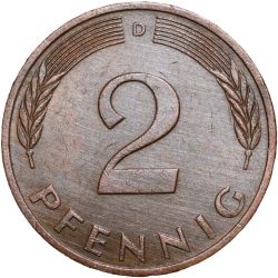 Alternative view of Bronze 2 Pfenning of Germany (AD 1980) with Oak Sapling