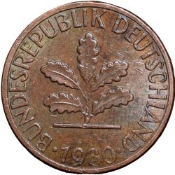 Alternative view of Bronze 1 Pfenning of Germany (AD 1980) with Oak Sapling