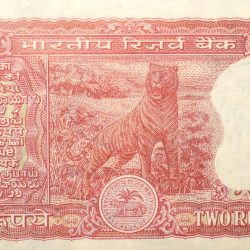 Alternative view of 2 Rupees of Republic India (AD 1984-1985) Manmohan Singh Signature with Full Tiger figure with 13 regional languages on the back