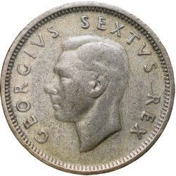 Alternative view of Silver 6 Pence of George VI (AD1952) of South Africa with A Protea, a flower native to South Africa