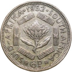 Silver 6 Pence of George VI (AD1952) of South Africa with A Protea, a flower native to South Africa
