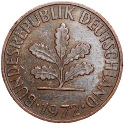 Bronze 2 Pfenning of Germany (AD 1972) with Oak Sapling