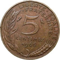 Alternative view of Brass 5 Centimes of France ( AD 1966) with Marianne face left