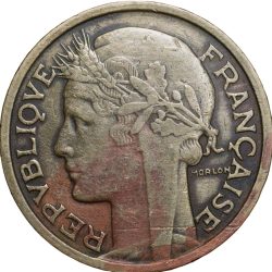 Alternative view of Old Brass 2 Francs of France Country (AD 1938) with Marianne's head left wearing a Phrygian cap