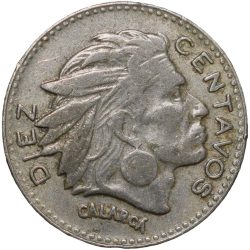 Old Copper-Nickel 10 Pesos of Colombia Country (AD 1964) with portrait of Indio Chief