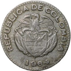 Alternative view of Old Copper-Nickel 10 Pesos of Colombia Country (AD 1964) with portrait of Indio Chief