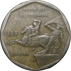 Nickel-Brass 10 Pesos of Colombia Country (AD 1988) with A monument of José Maria Córdoba