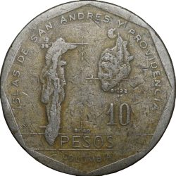 Alternative view of Nickel-Brass 10 Pesos of Colombia Country (AD 1988) with A monument of José Maria Córdoba