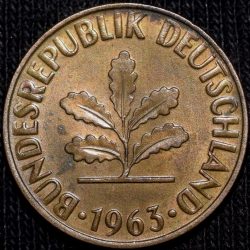 Brass 2 Pfenning of Germany (AD 1963) with Oak Sapling in UNC Grade