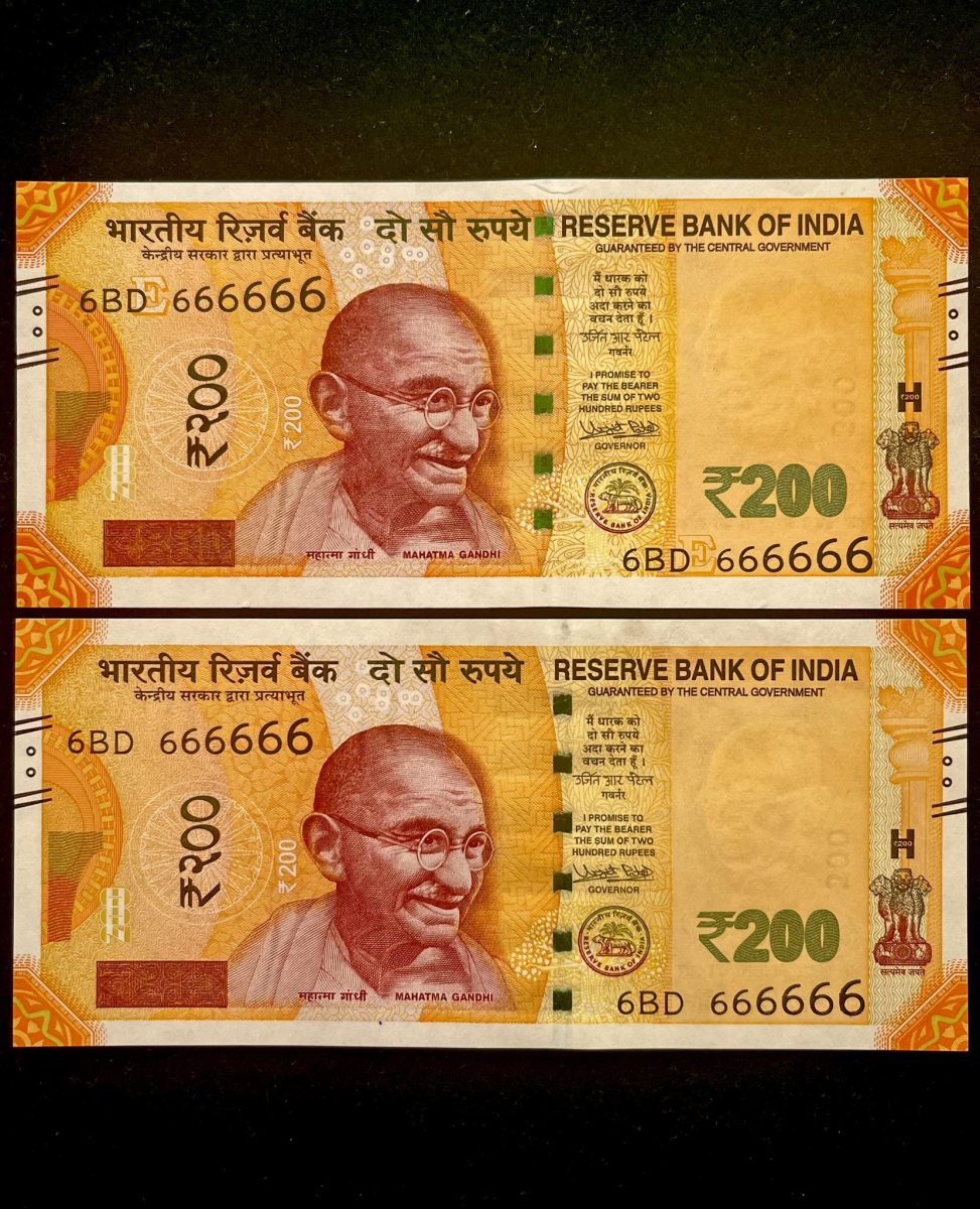 Rs 200 India Banknote Twin Set Super Solid 6BD 666666 Gem Unc Unique and Rare
