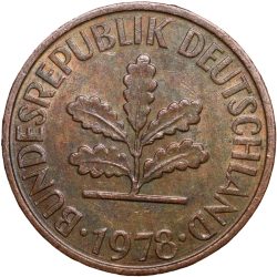 Brass 2 Pfenning of Germany (AD 1978) with Oak Sapling in About UNC Grade