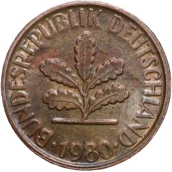 Brass 2 Pfenning of Germany (AD 1980) with Oak Sapling