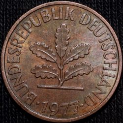 Brass 2 Pfenning of Germany (AD 1977) with Oak Sapling