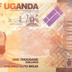 Alternative view of 1000 Shillings of Uganda (AD 2022) with Antelope inside outline of country at center