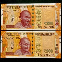 Rs 200 India Banknote TWIN SETS HOLY NO 2EA 000786 Gem Unc Unique and Rare