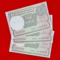 one rupee three note set UNC condition prefix 44 serial no. 444441,444442,444443
