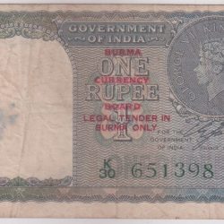 British India Burma Overprint 1 Rupee 1940 CE Jones Signature Very Fine Note #1