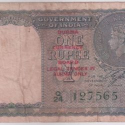 British India Burma Overprint 1 Rupee 1940 CE Jones Signature Very Fine Note #3